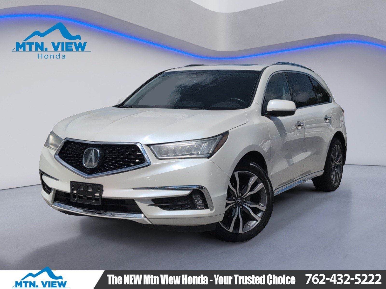 2019 Acura MDX 3.5L Advance Package in White Diamond Pearl — front three-quarter view