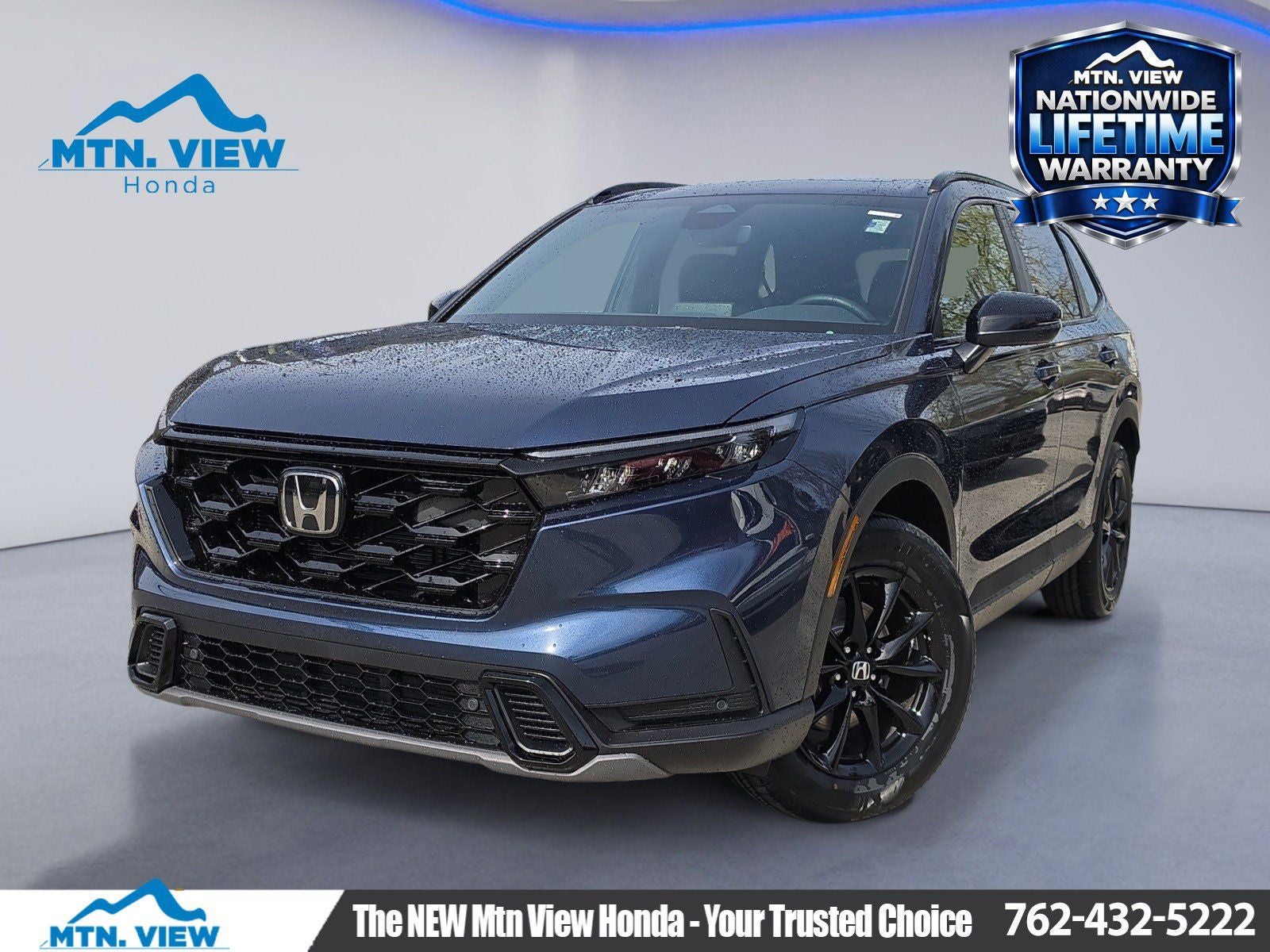 2026 Honda CR-V Hybrid Sport-L in Canyon River Blue Metallic — front three-quarter view