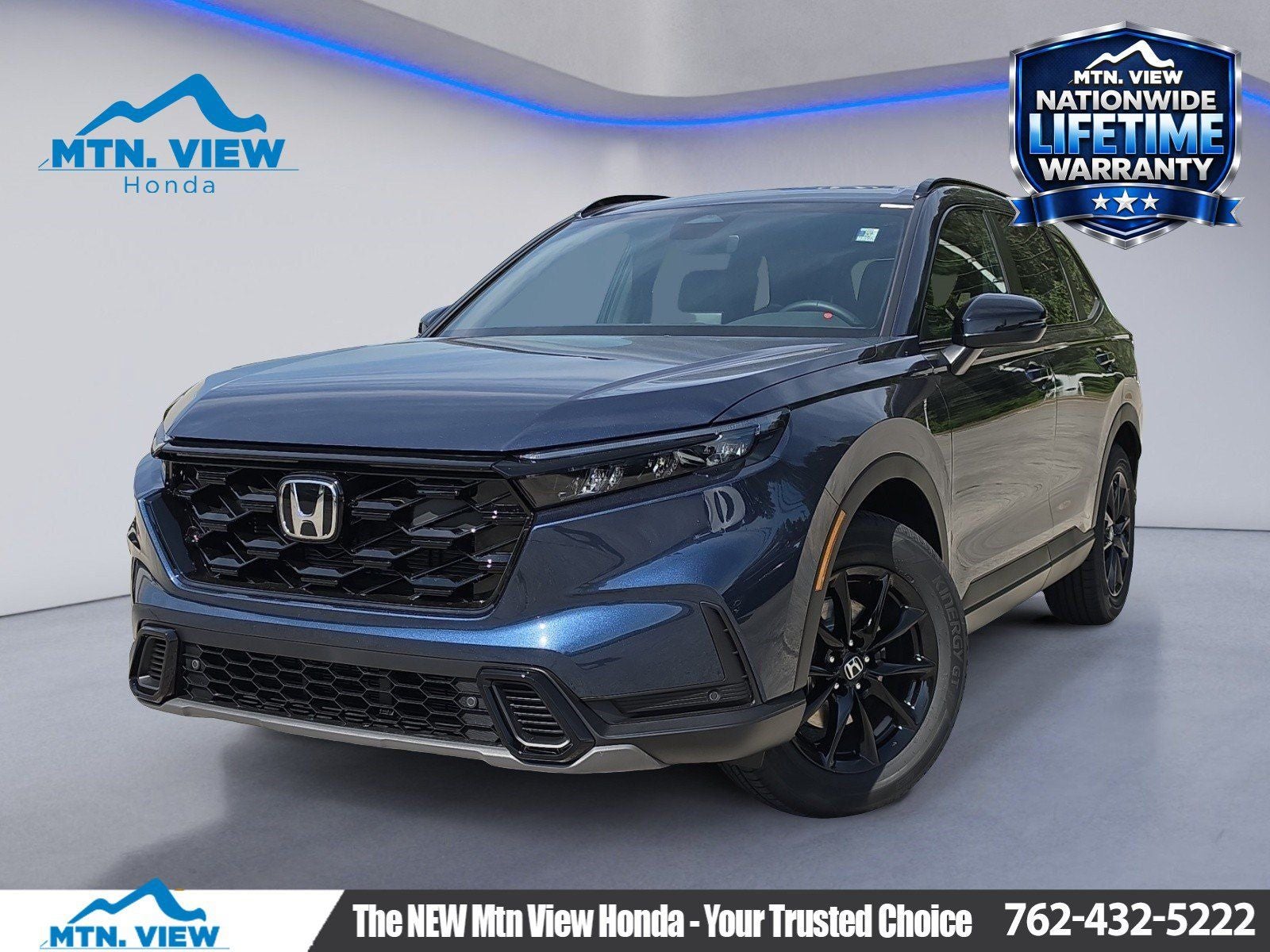2026 Honda CR-V Hybrid Sport-L in Canyon River Blue Metallic — front three-quarter view